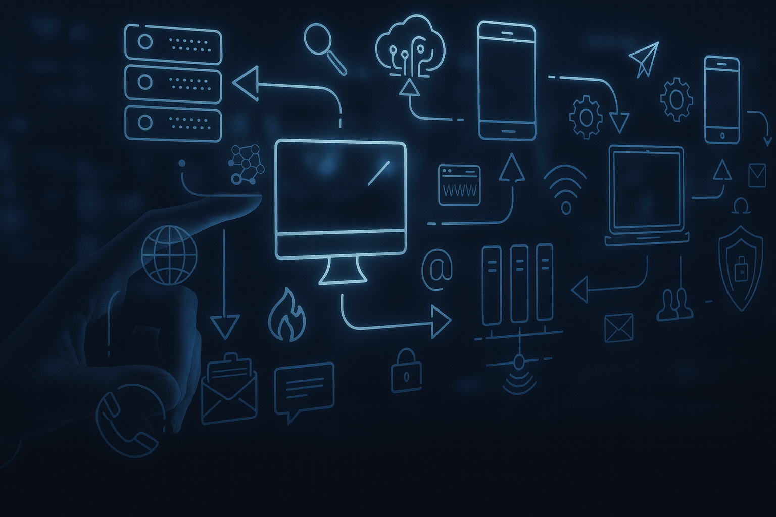 Bild von der Fuchs live Monitoring, viele Icons schweben auf einem hologram monitoring und eine hand zeigt mit dem zeigenfinger auf einem icon